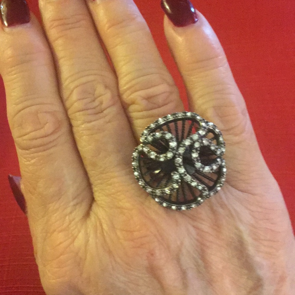 Cocktail ring silver black antiquing and stones